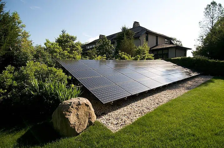 Solar panels in a yard.