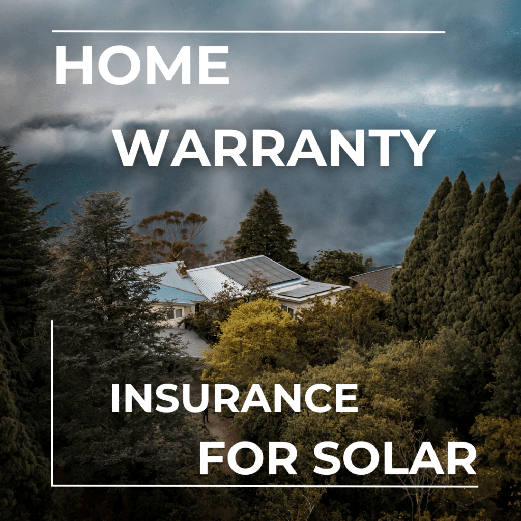 Text overlay "home warranty insurance for solar" on an image of a solar-paneled roof amidst foggy forested hills.