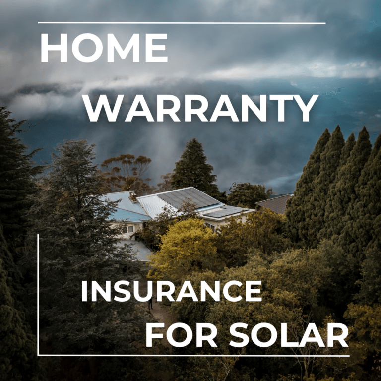 Text overlay "home warranty insurance for solar" on an image of a solar-paneled roof amidst foggy forested hills.