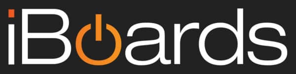 Logo featuring the text "iBoards" with the "o" designed as an orange power button symbol, set against a black background.