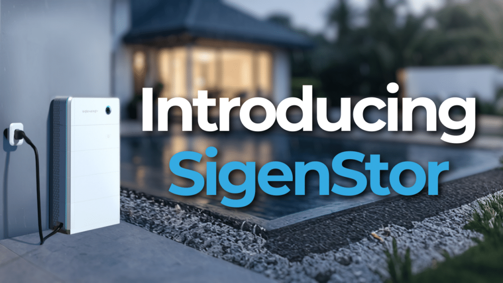 A white battery storage unit is mounted on an outdoor wall near a pool, with the text "Introducing SigenStor" in the foreground.