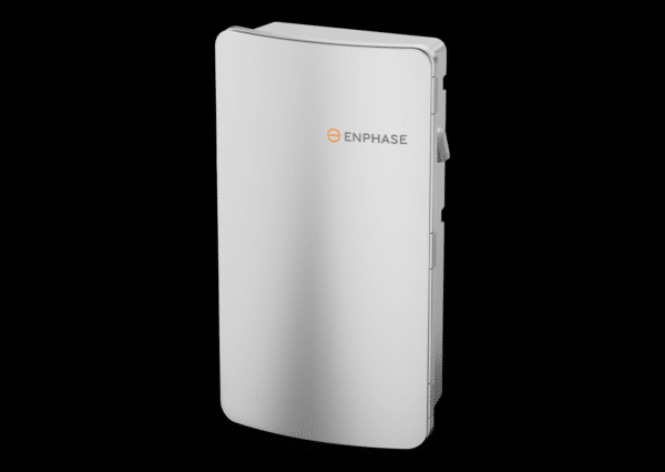 Image of a white Enphase electrical device with a sleek rectangular design and the Enphase logo in orange on the front.