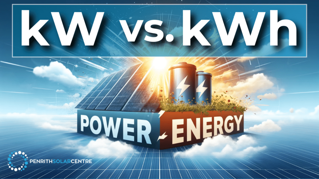 A graphic showing the difference between kW and kWh with solar panels, batteries, and labels "Power" and "Energy" below. The image has the text "kW vs. kWh" at the top and "Penrith Solar Centre" at the bottom.