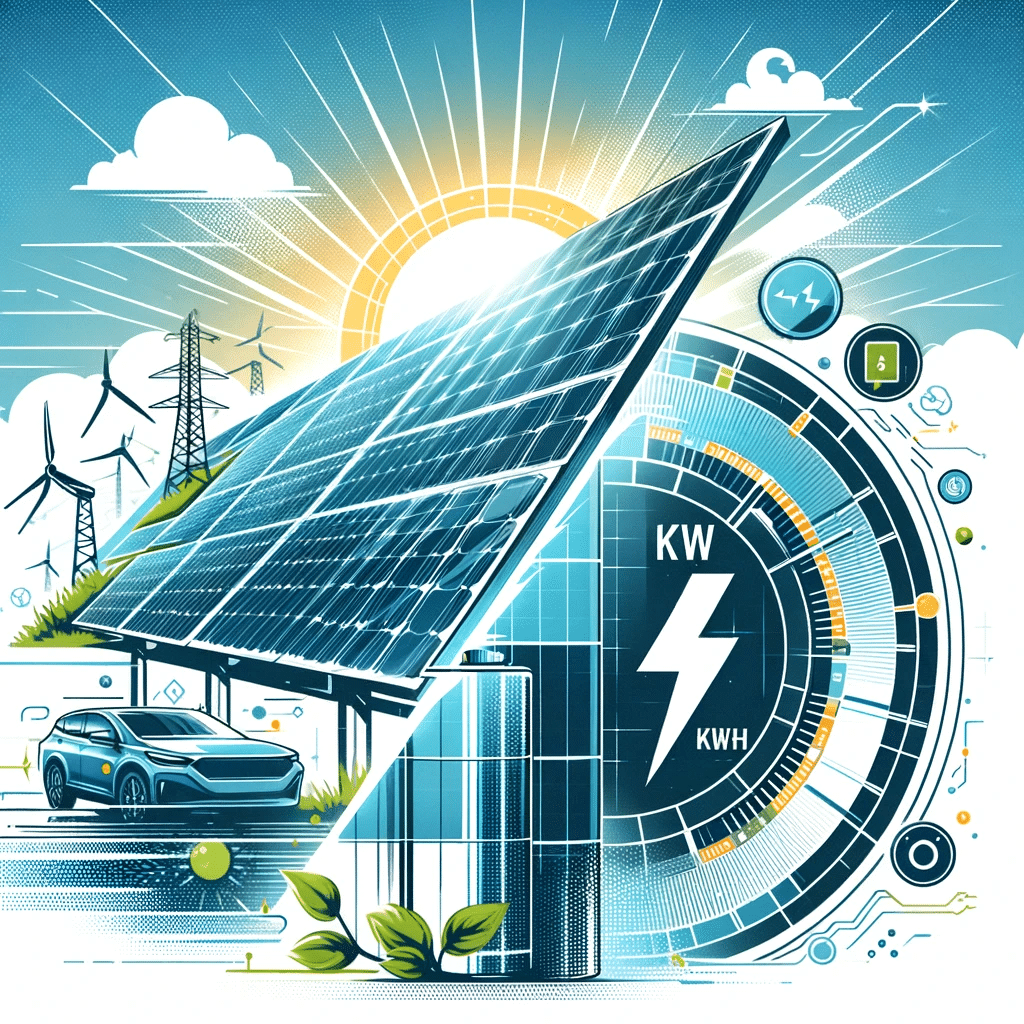 Illustration of solar panels in the foreground generating electricity, with an electric car charging next to them. Background includes wind turbines and power lines under a bright sun.