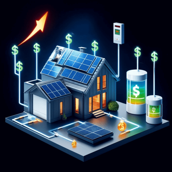 A 3D illustration of a house with solar panels, connected to energy storage units and dollar signs, symbolizing increased financial savings and energy efficiency.