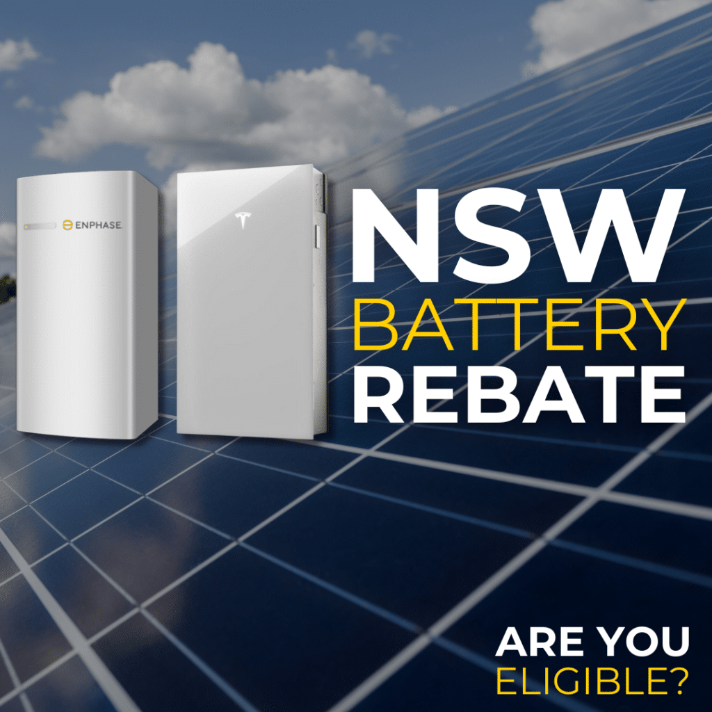 Image showing two battery units in front of a solar panel array, with text promoting the NSW battery rebate program and asking, "Are You Eligible?".