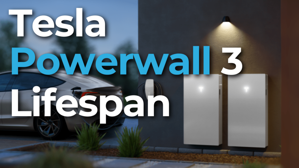 Outdoor scene with two Tesla Powerwall 3 units mounted on a wall, with an electric car parked nearby. Text overlay reads: "Tesla Powerwall 3 Lifespan.