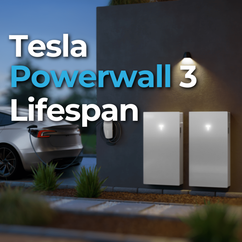 Tesla Powerwall 3 units installed on an exterior wall beside an electric car. Text overlay: "Tesla Powerwall 3 Lifespan.