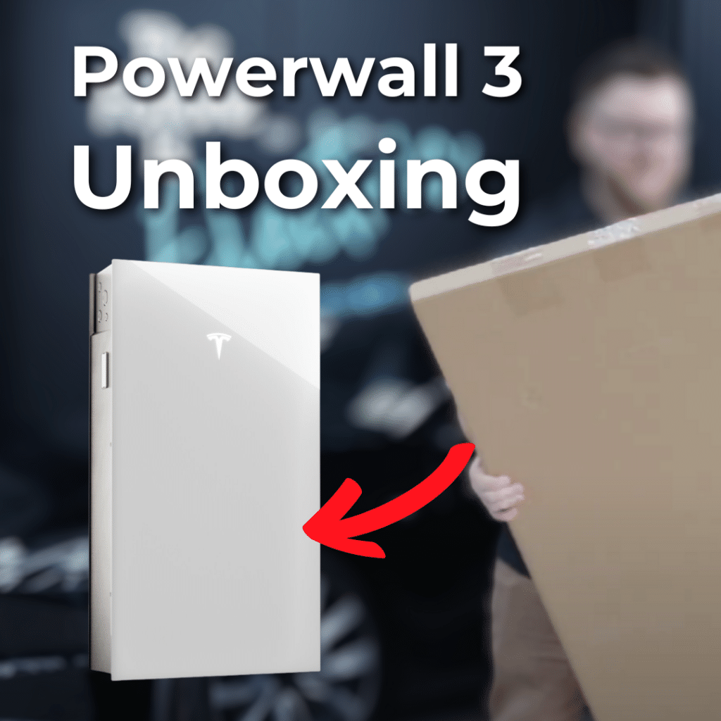 Person holding large cardboard box with text "Powerwall 3 Unboxing" and an arrow pointing to a Tesla Powerwall.