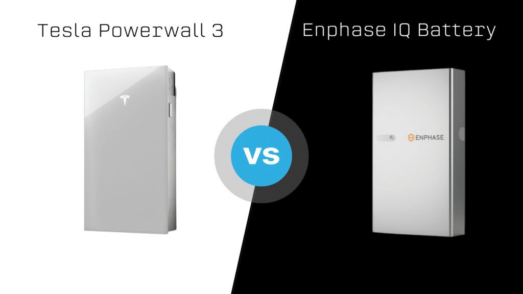 Side-by-side comparison of Tesla Powerwall 3 and Enphase IQ Battery with "VS" symbol in the center.