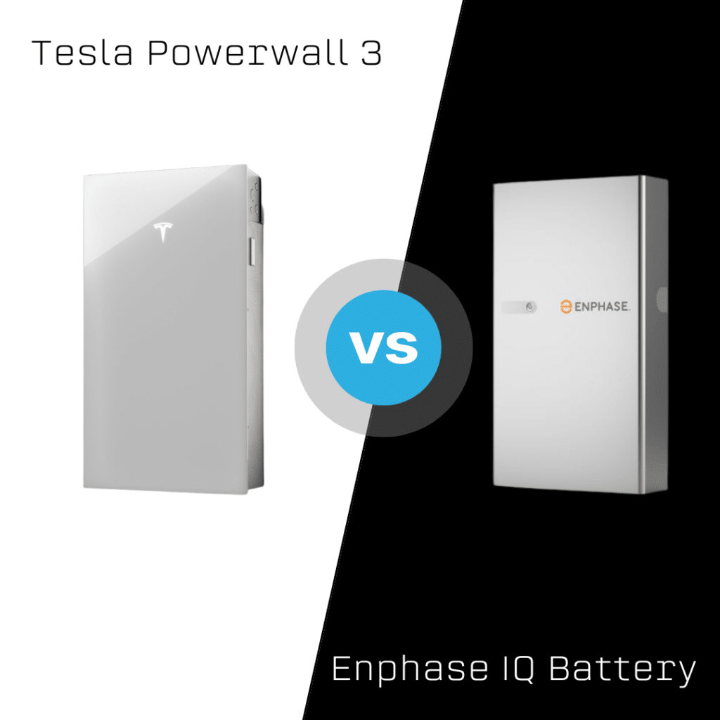 Comparison between Tesla Powerwall 3 on the left and Enphase IQ Battery on the right, with a "VS" symbol in the center.