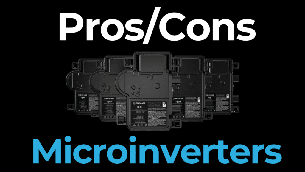 Image of several microinverters arranged in a row against a black background. The text reads "Pros/Cons Microinverters" in bold white and blue lettering.