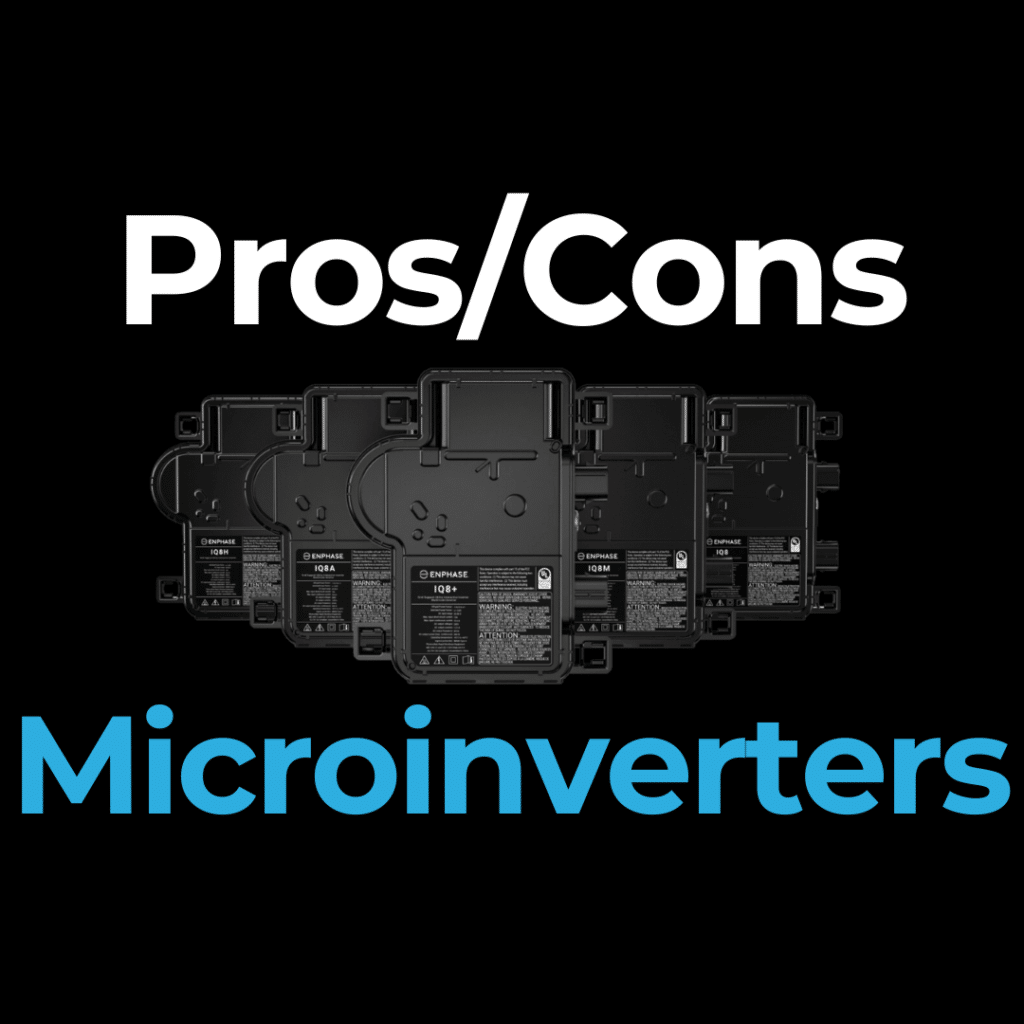 Image of multiple black microinverters with text "Pros/Cons Microinverters" displayed above them.