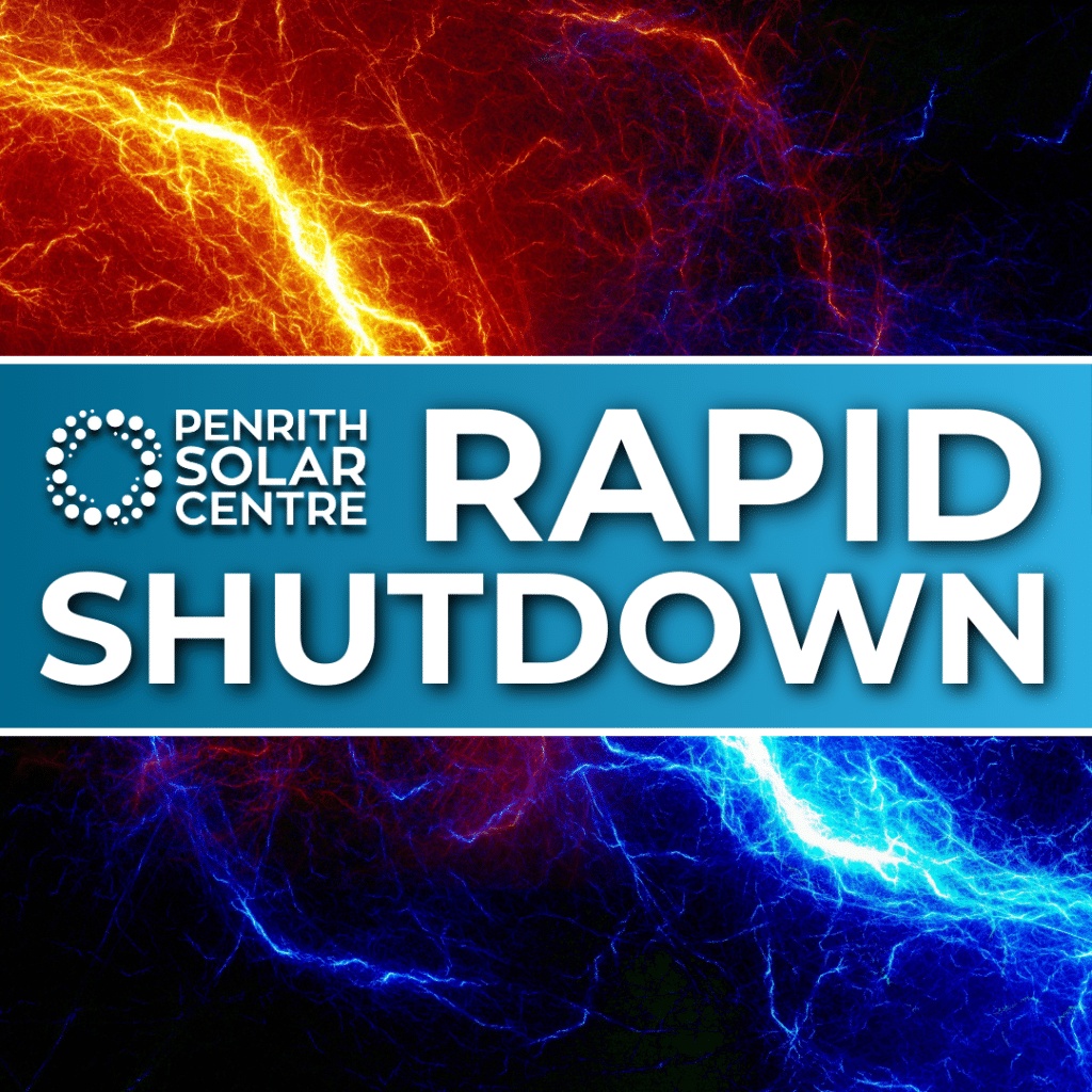 Text reads "Penrith Solar Centre RAPID SHUTDOWN" over a background of intermingling red and blue electric-like patterns.