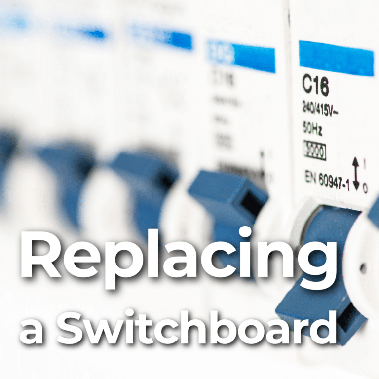 Close-up of electrical circuit breakers with the text "Replacing a Switchboard" overlayed.