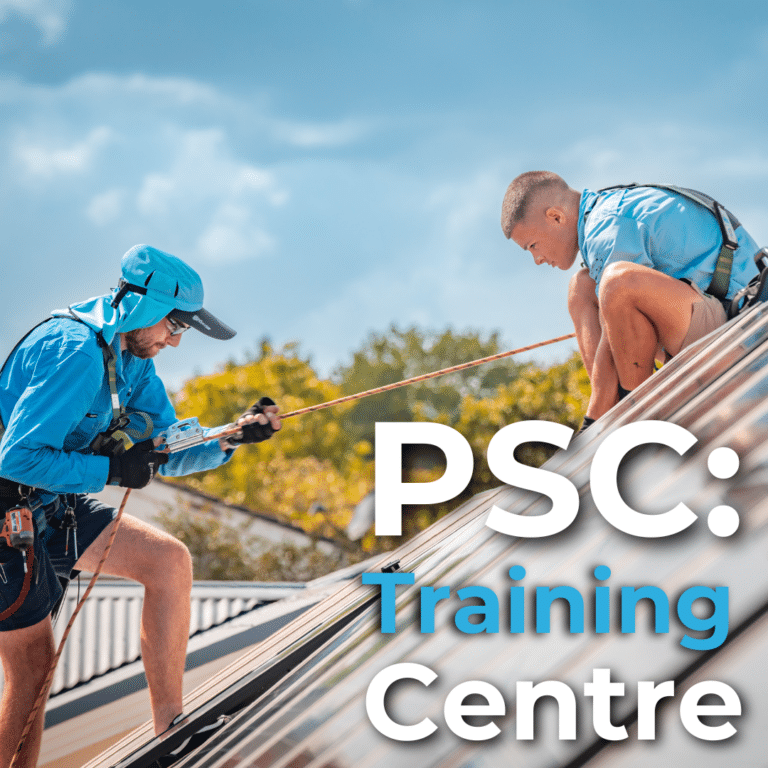 Two individuals in blue protective gear practice roof safety techniques while secured with ropes. Text reads "PSC: Training Centre.