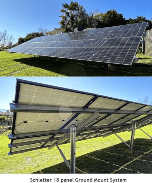 A ground-mounted solar panel system with 18 panels is shown from two angles; front view and underside view. The panels are installed on a grassy area.