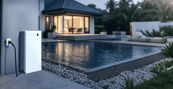 Outdoor view of a modern house with a swimming pool. Rain falls as an energy storage system is mounted on an exterior wall, plugged in with a cable.