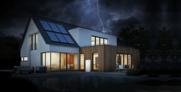 Modern house with large windows and solar panels on the roof, illuminated in the evening. Lightning strikes in the dark, cloudy sky above.