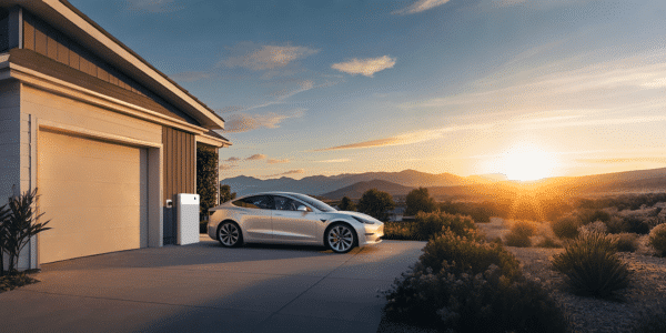 A white electric car is parked in a driveway next to a house at sunset, with mountains in the background.