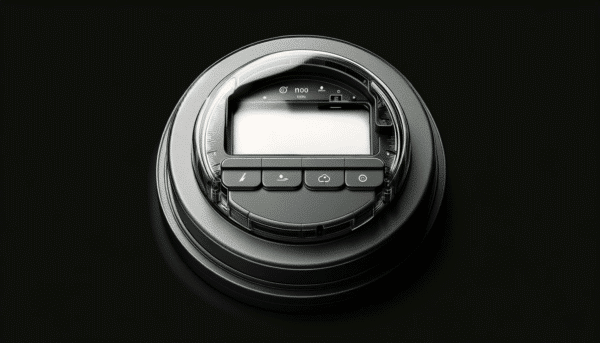 Close-up of a modern, circular control panel with an LCD screen displaying icons and buttons, set against a dark background.