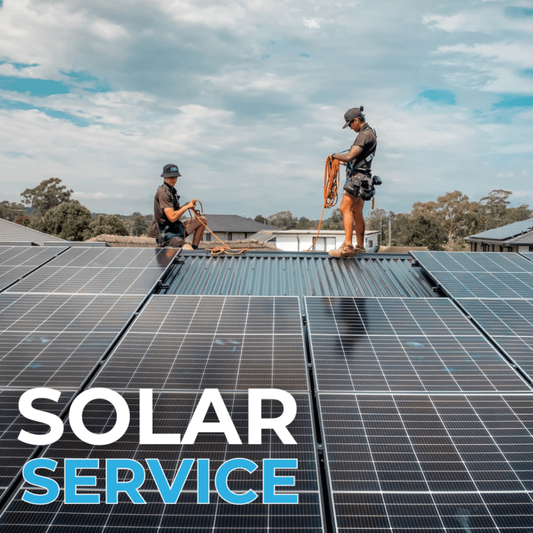 Two technicians in work attire are servicing solar panels on a rooftop under a partly cloudy sky. The text "SOLAR SERVICE" is displayed in the lower left corner.