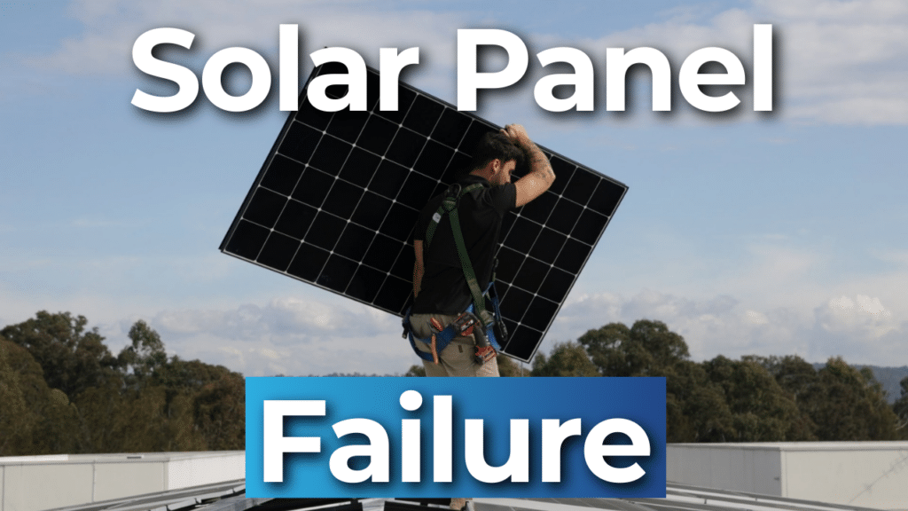 A person on a rooftop carrying a solar panel on their shoulder. Text overlay reads: "Solar Panel Failure.