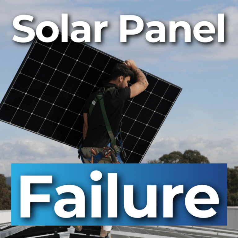 A person on a roof holding a solar panel, with large text reading "Solar Panel Failure.