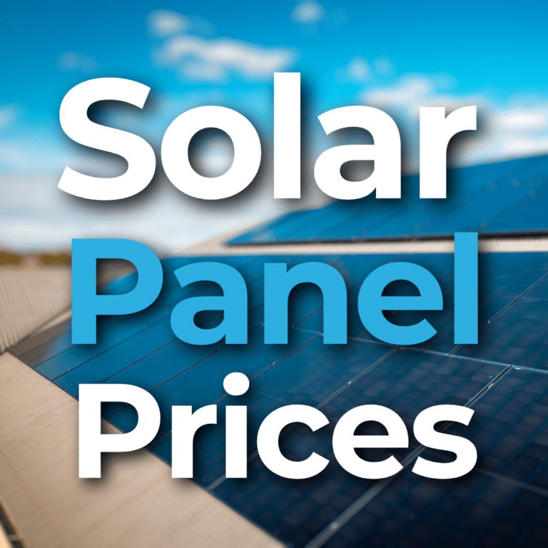 Close-up view of blue solar panels under a clear sky with the words "Solar Panel Prices" prominently displayed in bold white and blue text.