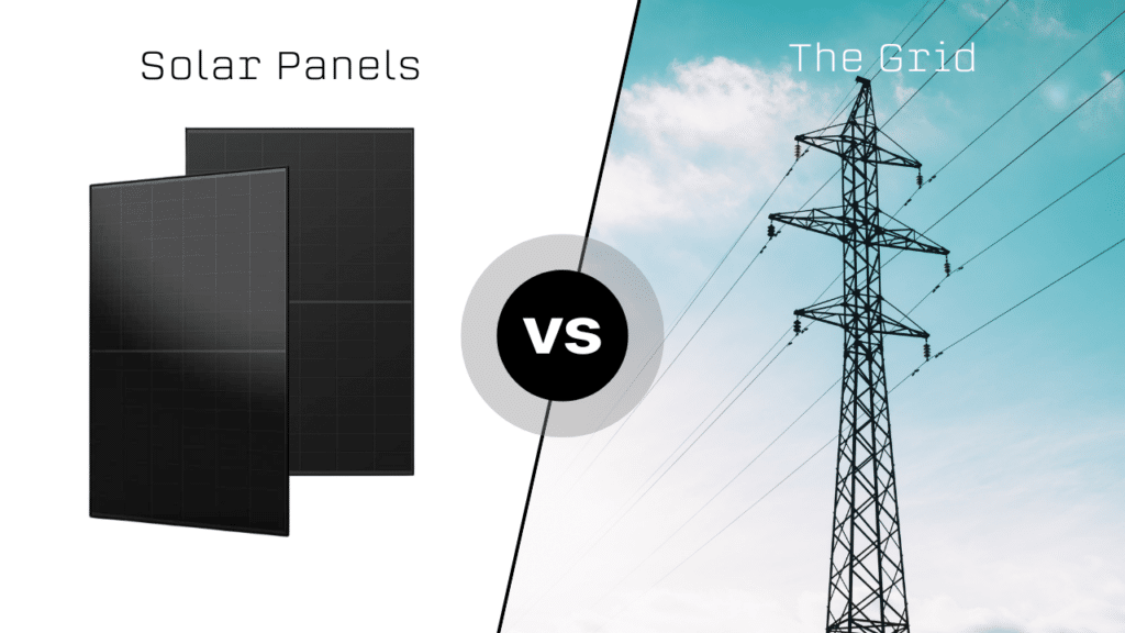 A split image comparing black solar panels on the left with an electricity pylon under a blue sky on the right, labeled "Solar Panels vs The Grid.