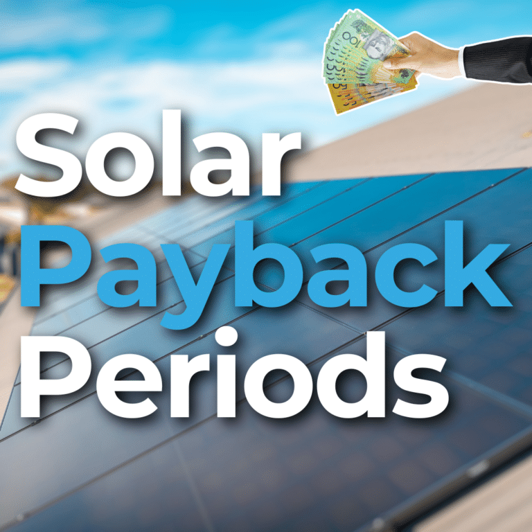 Solar panels with text "Solar Payback Periods" and a hand holding currency.