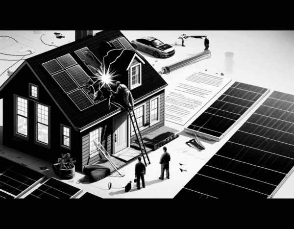 Black and white image of workers installing solar panels on a house roof. The ground is scattered with equipment, and a car is parked nearby. Large solar panels are displayed in the foreground.