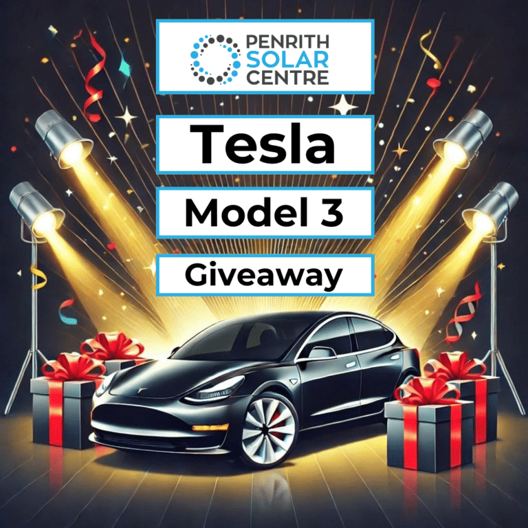 A promotional image for the Penrith Solar Centre's Tesla Model 3 giveaway, featuring a Tesla car surrounded by gift boxes and spotlights.