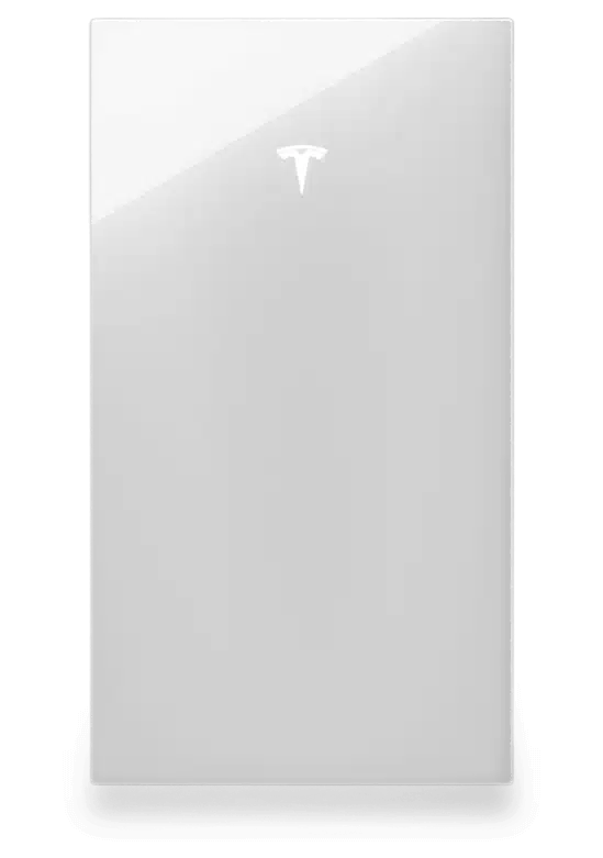 A rectangular white Tesla Powerwall energy storage device with a Tesla logo at the top center against a black background.