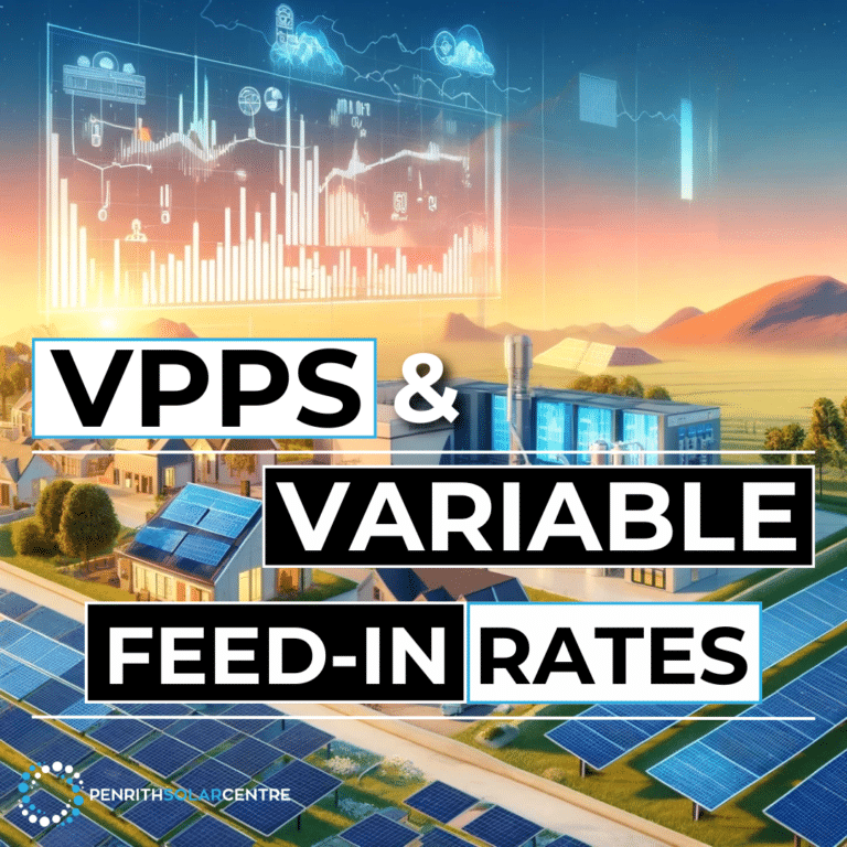 An image showing a graphic overlay with the text "VPPS & Variable Feed-In Rates" above a futuristic solar-powered village. Solar panels and a digital grid interface are depicted prominently.