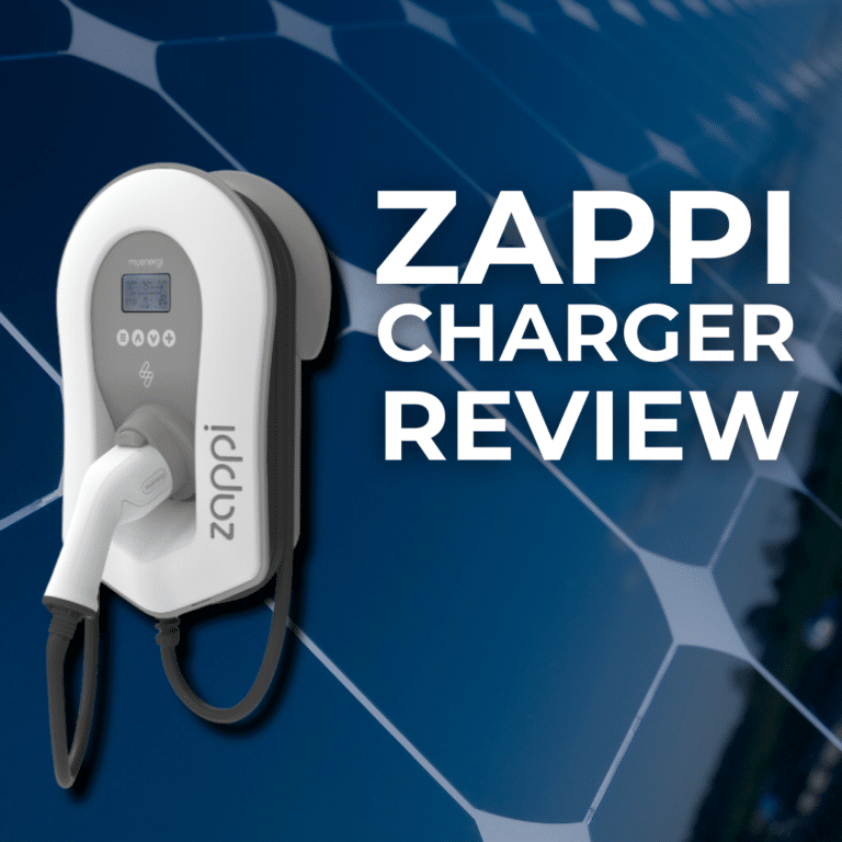 Image of a Zappi electric vehicle charger mounted against a background of solar panels, with the text "Zappi Charger Review" displayed beside it.